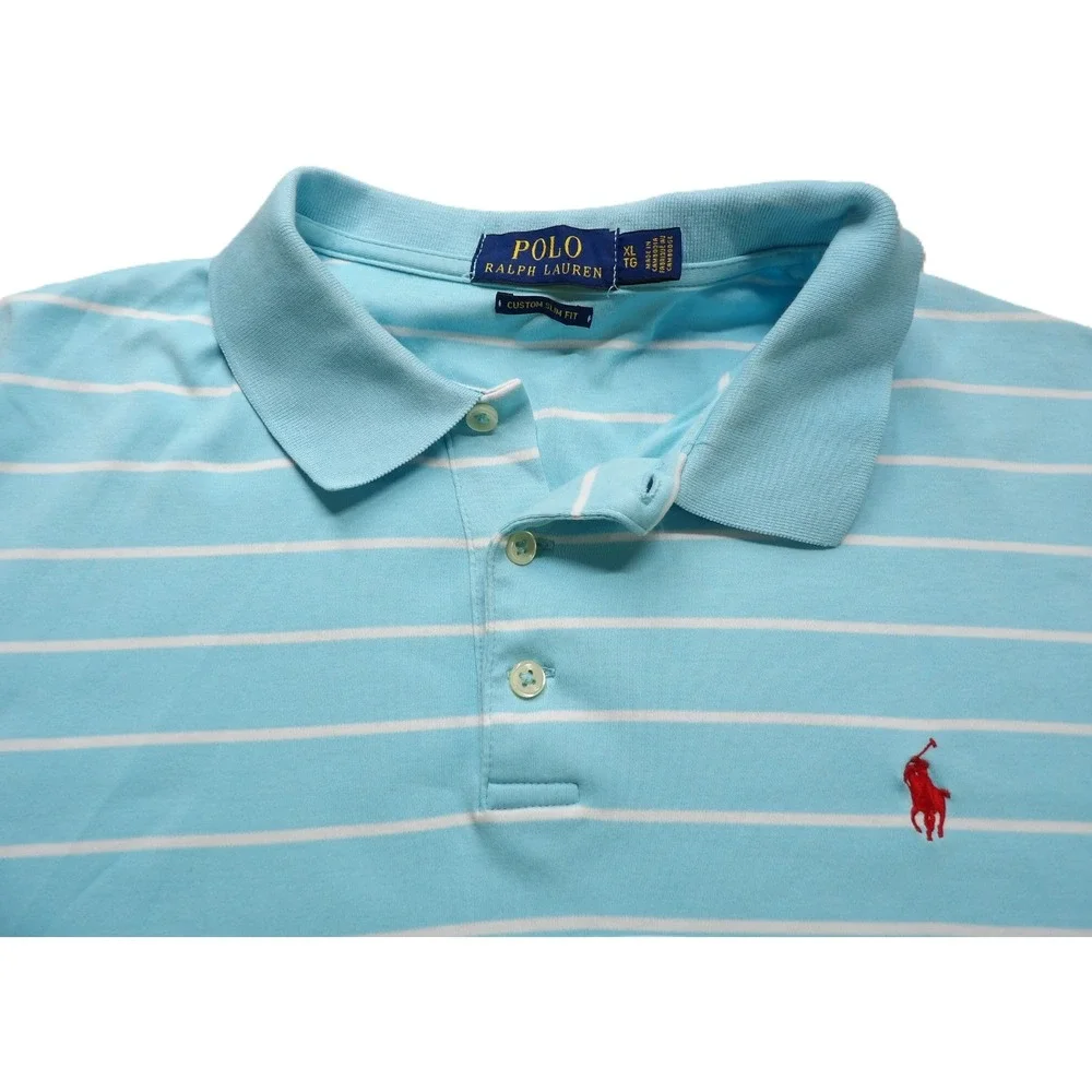 Polo Ralph Lauren Men XL Custom Slim Fit Mesh Polo Blue Striped Red Pony Cotton